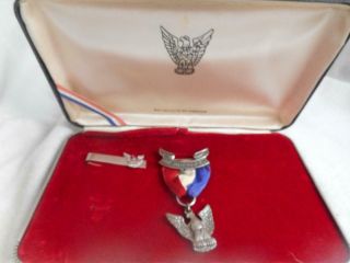 Vtg W/ Box Boy Scouts Of America Sterling Robbins 4 Eagle Scout Pin & Tie Bar