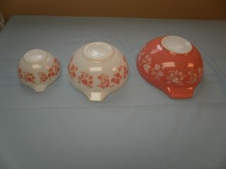 3 Vintage Pyrex Pink Gooseberry Cinderella Nesting Bowls 441 443 & 444 2