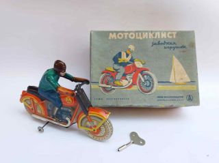 N.  O.  S Vintage Rare Big Soviet Ussr Wind - Up Tin Toy Motorcycle,  Box