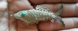 Vintage Chinese Silver Filigree Articulated Fish Pill Box Pendant Turquoise Eyes