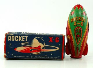 Vintage Masudaya (tm) Rocket X - 6 Tin Litho Friction Toy W/box Nr