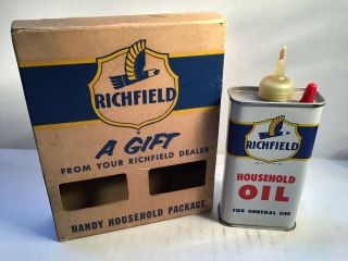 Vintage Richfield Oil Can Nos Handy Oiler Full 4 Oz Rare Tin Sunoco Oilzum Shell