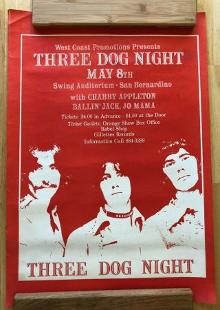 Vintage Three Dog Night Concert Poster Swing Auditorium Circa 1970,  Good Cond.