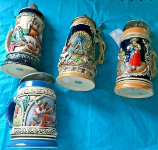 3 King Handmade German Beer Stein Mug W/lid Bonus Mug Vintage