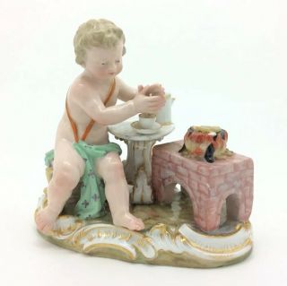 Antique Meissen Porcelain Figurine Cherub Making Hot Chocolate German C97 C1860