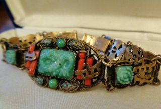 Neiger Czech Art Deco Faux Coral/peking Glass Chinese Revival Dragon Bracelet