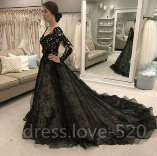 Black Gothic Lace Wedding Dresses Vintage Long Sleeve Applique Bridal Gown 2019