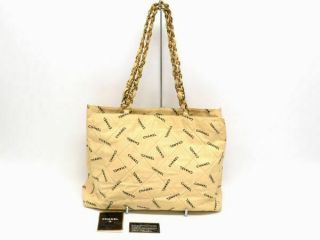 Chanel Logo Vintage Chain Tote Bag Shoulder Bag Beige Black Gold Hardware