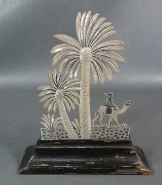 Vtg Middle East Desk Silver Niello Silhouette Figurine Oasis Scene Arab W Camel