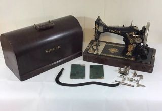 Vtg 1920’s Singer Electric Sewing Machine Model 128 W/ Wood Case & Accessories