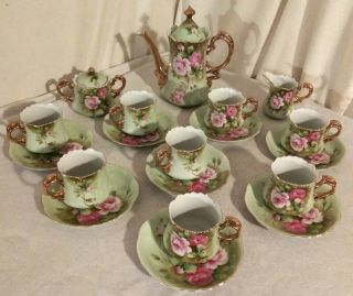 Vintage Lefton China,  Heritage Green Pink Roses Coffee Set Hand Painted 19 Piece