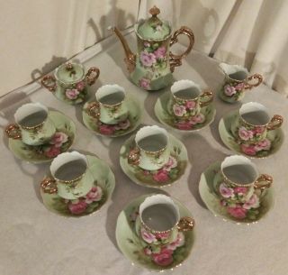 Vintage Lefton China,  Heritage Green Pink Roses Coffee Set Hand Painted 19 Piece 2