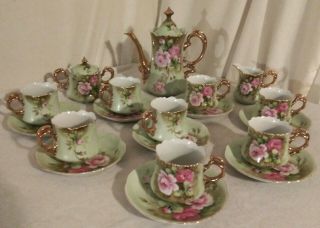 Vintage Lefton China,  Heritage Green Pink Roses Coffee Set Hand Painted 19 Piece 3