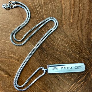 Vintage Tiffany & Co 1837 925 Silver Bar Pendant Necklace With Chain & Orig Box