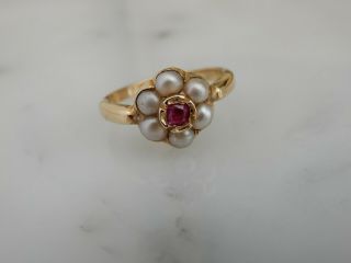 A Antique 9 Ct Gold Ruby And Pearl Cluster Ring