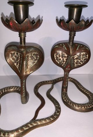 Vintage Brass Cobra Candle Stick Holder Set Of 2 2