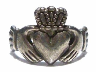 Made In Ireland Designer Old Vintage Sterling Silver Claddagh Heart Crown Ring