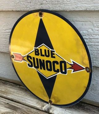 VINTAGE SUNOCO BLUE GASOLINE SIGN PORCELAIN GAS PUMP PLATE SERVICE STATION RUST 3