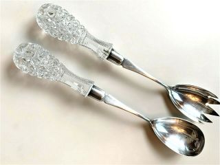Antique Gorham Co.  Silver Plate Serving Spoon & Fork Cut Crystal Handles