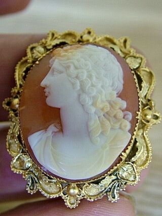 Antique Shell Hand Carved Cameo Pin Brooch Godess 14ct Gold Mount