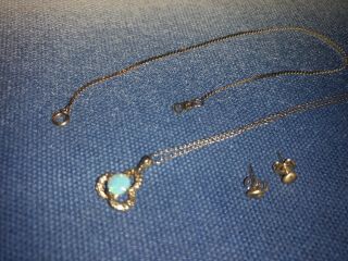 Vintage 14k opal pendant necklace serpentine bracelet and stud earrings set 7