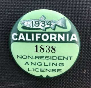 Vintage California Fishing License 1934 Nr Badge