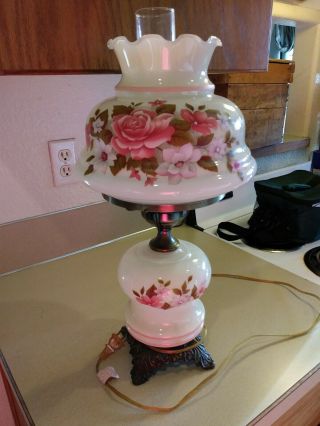 Vintage Hurricane Lamp With Chimney Pink Rose Floral
