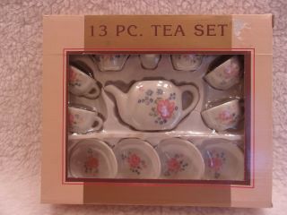 Nos 13 Piece Childs Porcelain China Toy Tea Set Box,  Pink Roses