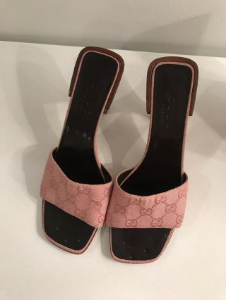 Vintage Gucci Gg Monogram Canvas Leather Logo Pink Slide Heel Sandal Size 7b