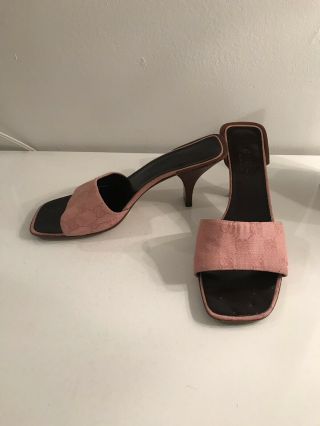 Vintage Gucci GG Monogram Canvas Leather Logo Pink Slide Heel Sandal Size 7B 2