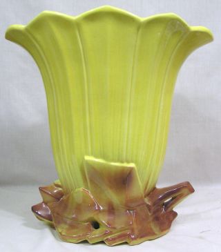 Vtg Mccoy 15 " Tall Fan Vase Yellow W Embossed Brown Leaves 1954 Impressive