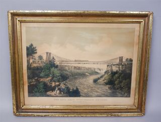 Antique Currier & Ives Framed Print Niagara Falls Railroad Suspension Bridge