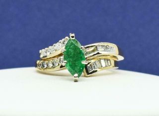$2,  199 Vintage 14k Gold 1.  70ctw Emerald & Old Cut Diamond Wedding Set
