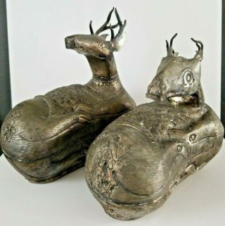Indo Persian Silver Metal Deer Stag Offering Boxes Sculptures 2 Vintage Antique