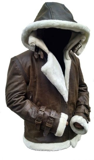 B3 Bomber Full Fur Shearling Removable Hood Vintage Real Cowhide Leather Jacket