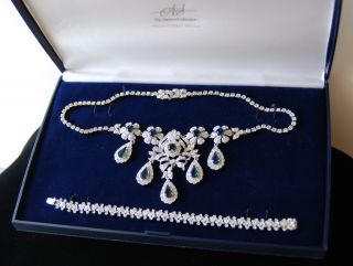 Vtge A&s Atwood & Sawyer Faux Sapphire - Rhinestone Necklace Bracelet Set W Box