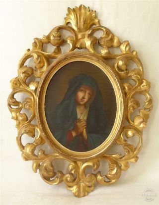 Fine Antique 19th Century Oil Portrait Of The Madonna Florentine Frame