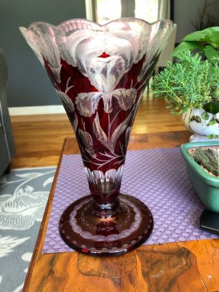 Vintage Bohemian Germany Red Cranberry Lead Crystal Cut To Clear Old Iris