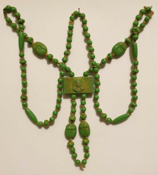 Vintage Czech Art Deco Neiger Egyptian Revival Green Glass Scarab Bead Necklace