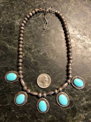 Vintage Native Am Southwestern Sterling Silver Bench Bead Turquoise Necklace 925
