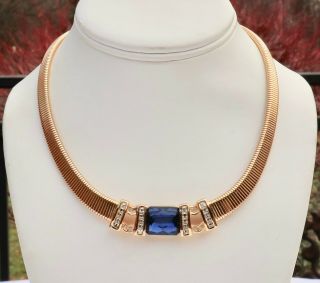 Vintage Christian Dior Gold Tone And Blue Crystal Necklace