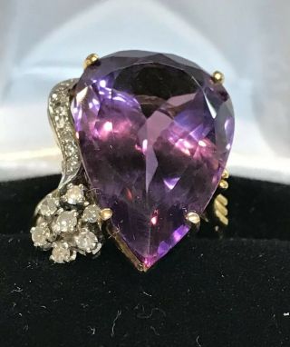 Vintage Large 17 Carat Pear Cut Amethyst And Diamond 18k Gold Ring