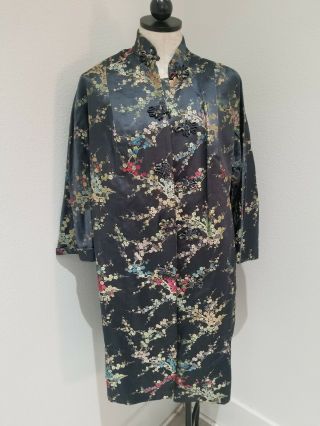 Vintage 50s Blue Silk Kimono Robe Jacket Coat,  Retro Cherry Blossoms Small