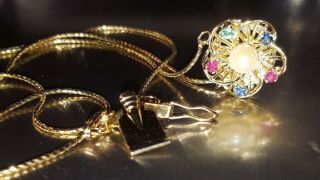 Vintage 14k Yellow Gold Floral Flower Ruby Sapphire Pearl Slide Bracelet Charm