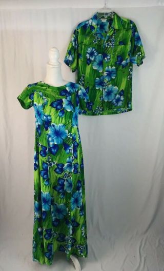 Vintage 1960s Hawaiian Wedding Honeymoon Set Maxi Dress Matching Mens Shirt M