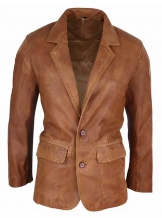 Mens Regular Fit Classic Real Leather 2 Button Tan Brown Blazer Jacket Vintage