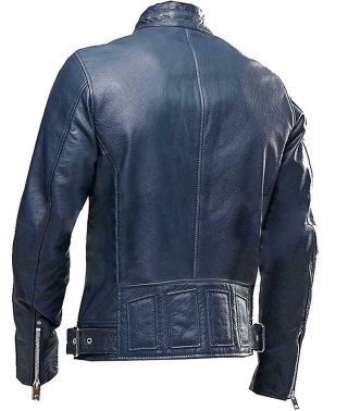 Men ' s Cafe Racer Biker Vintage Navy Blue Motorcycle Real Leather Biker Jacket 2