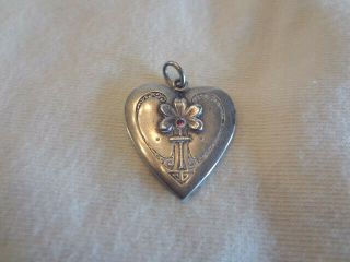 Fabulous Early Vintage Arts & Crafts Sterling Puffy Heart Charm With Tiny Garnet
