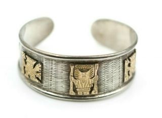 Vintage Sterling Silver 18k Yg Mayan Sun God Kinich Ahau Cuff Bracelet 5521 - 11