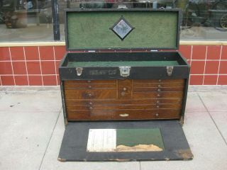 Vtg Antique H.  Gerstner & Sons Wooden Oak Machinist Tool Box Chest 11 Drawer